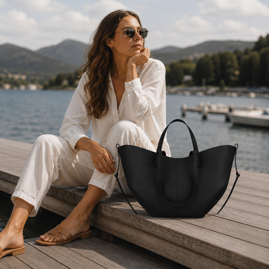 Eloura Black Leather Tote Bag for Women | Free Matching Pouch