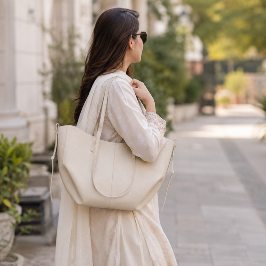 Eloura Ivory Beige Leather Tote Bag for Women | Free Matching Pouch