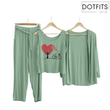 Printed 3 Piece Nightwear | 3 Pcs Sleepwear Night Suit (Sea Green Color)